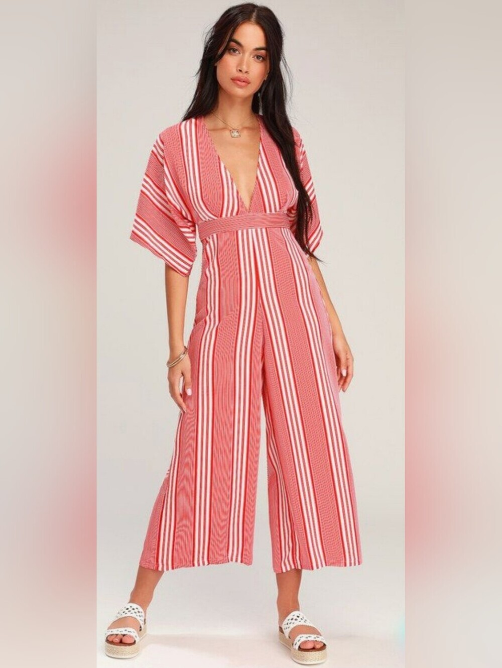 Lulus Hook Line & Sinker Red Striped Jumpsuit Size LARGE Plunge V-neck